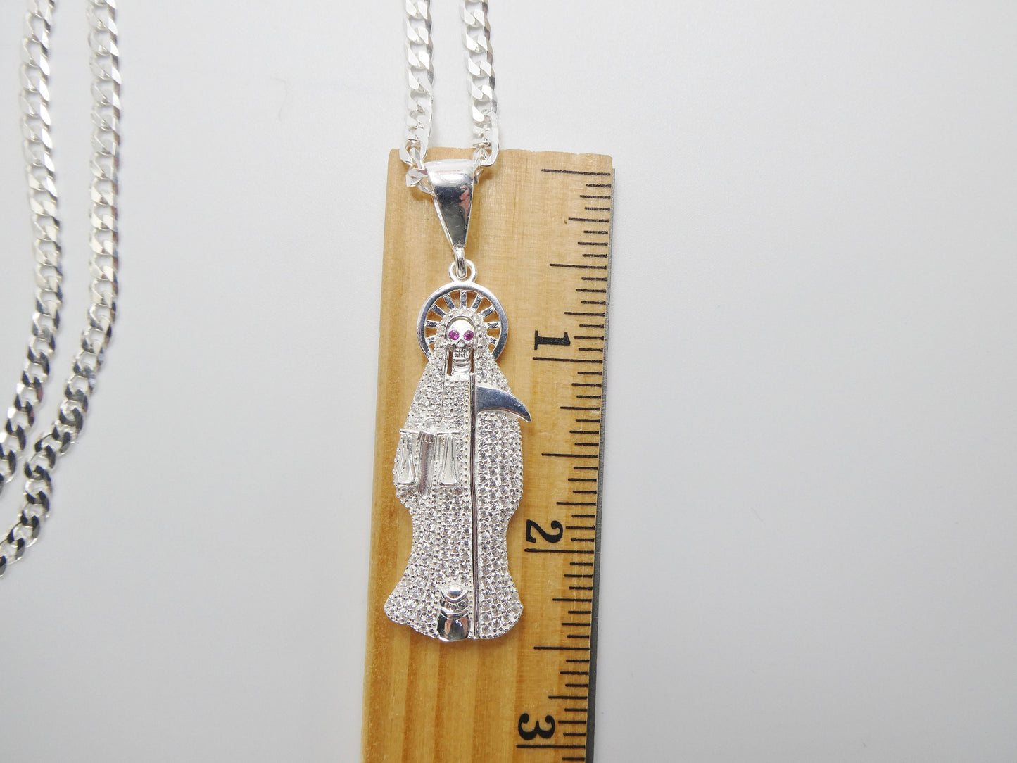 real 925 sterling silver 22 inch flat chain and large santa muerte pendent charm