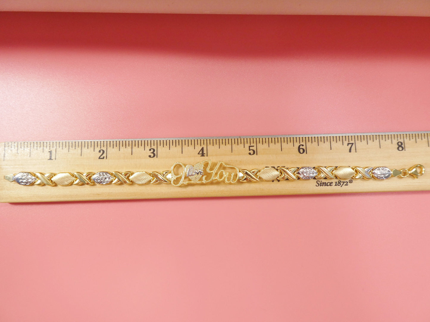 real 925 sterling silver I love you xo xo stampato bracelet 14k yellow gold two tone finish