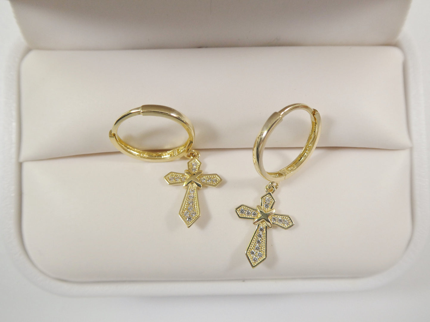 10k real solid gold cross dangle on plain huggie fancy earrings