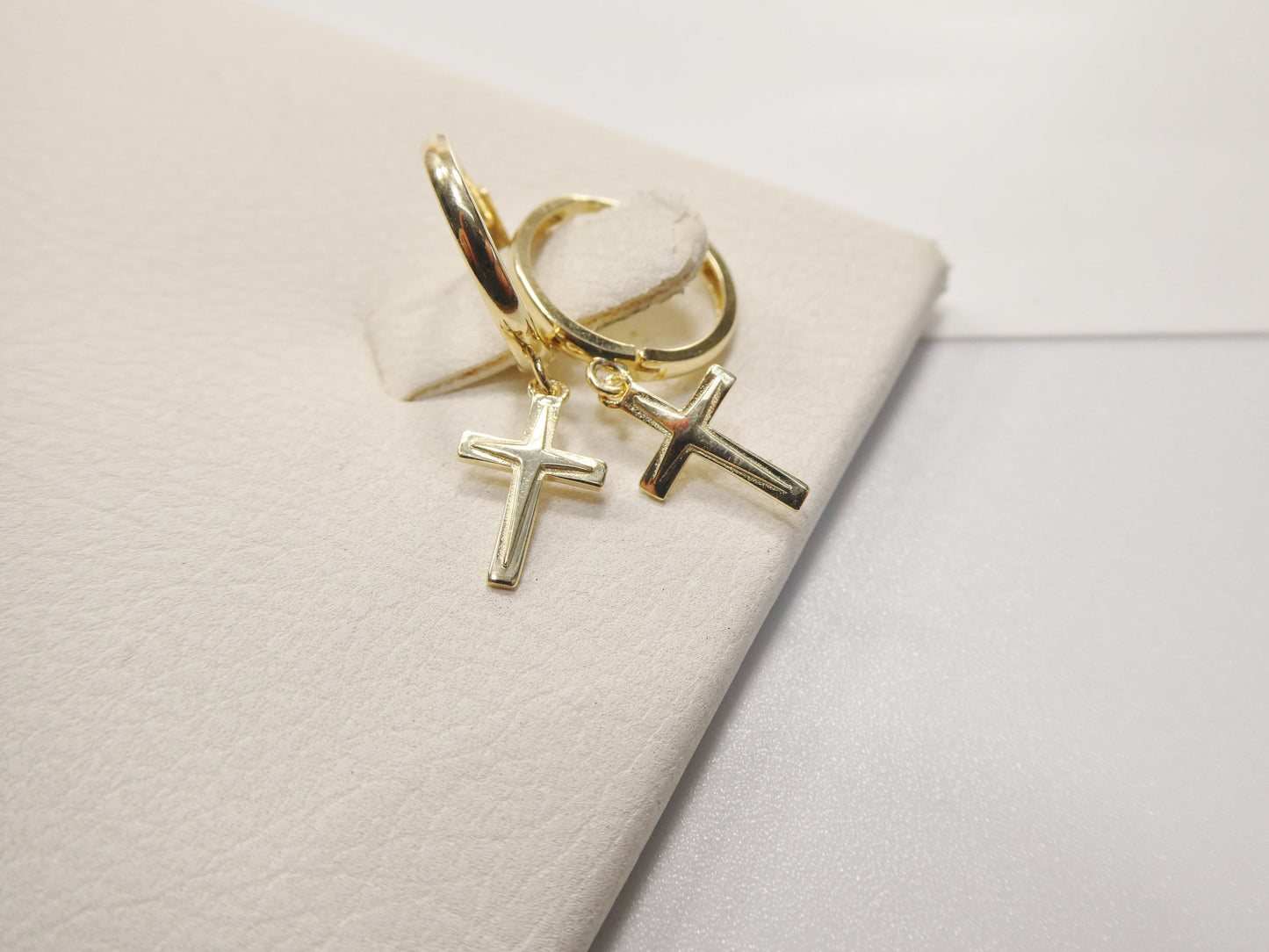 real 10k solid yellow gold cross dropping hoop huggie earrings