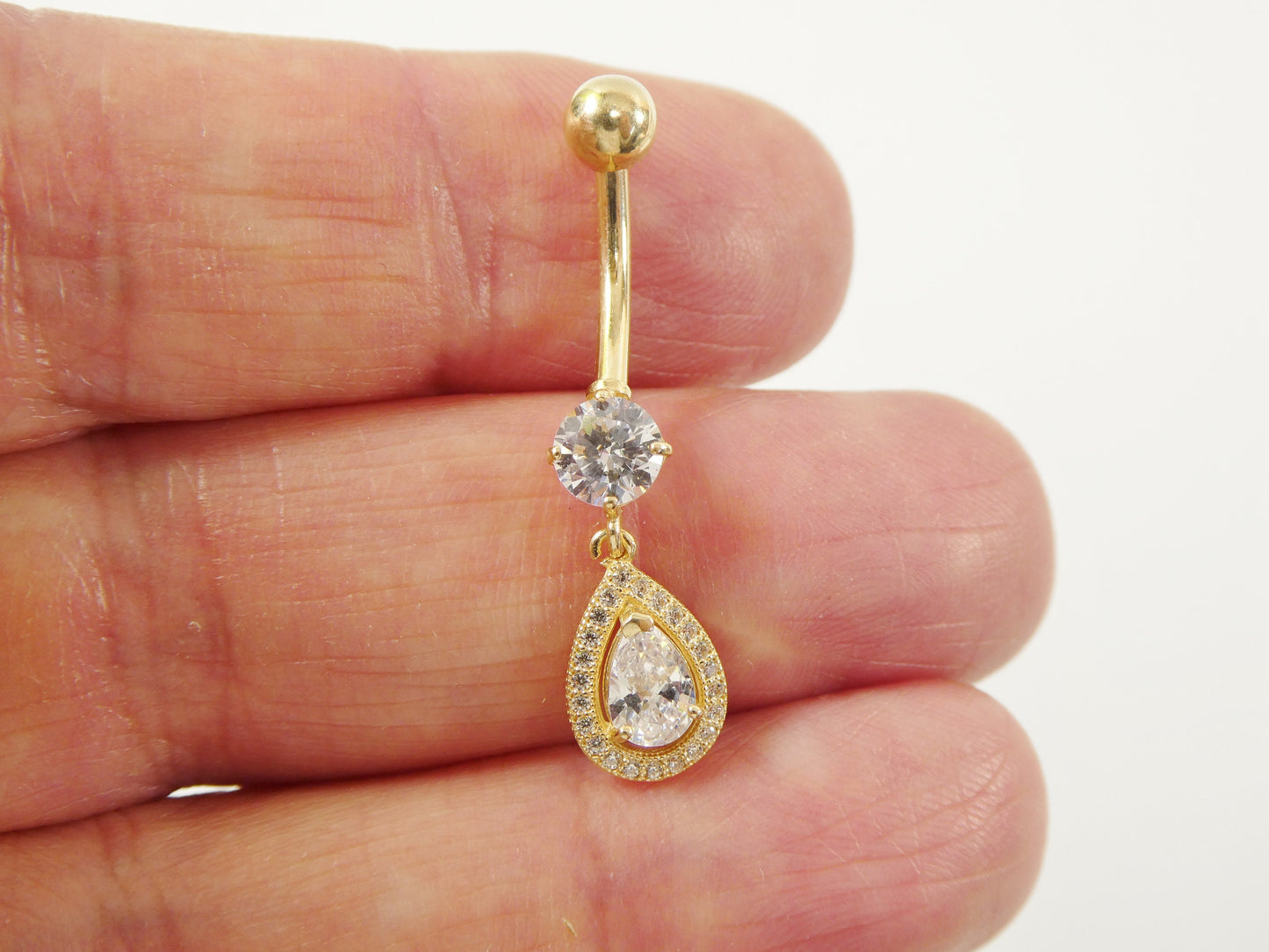 14k real solid yellow gold tear drop design belly button ring piercing