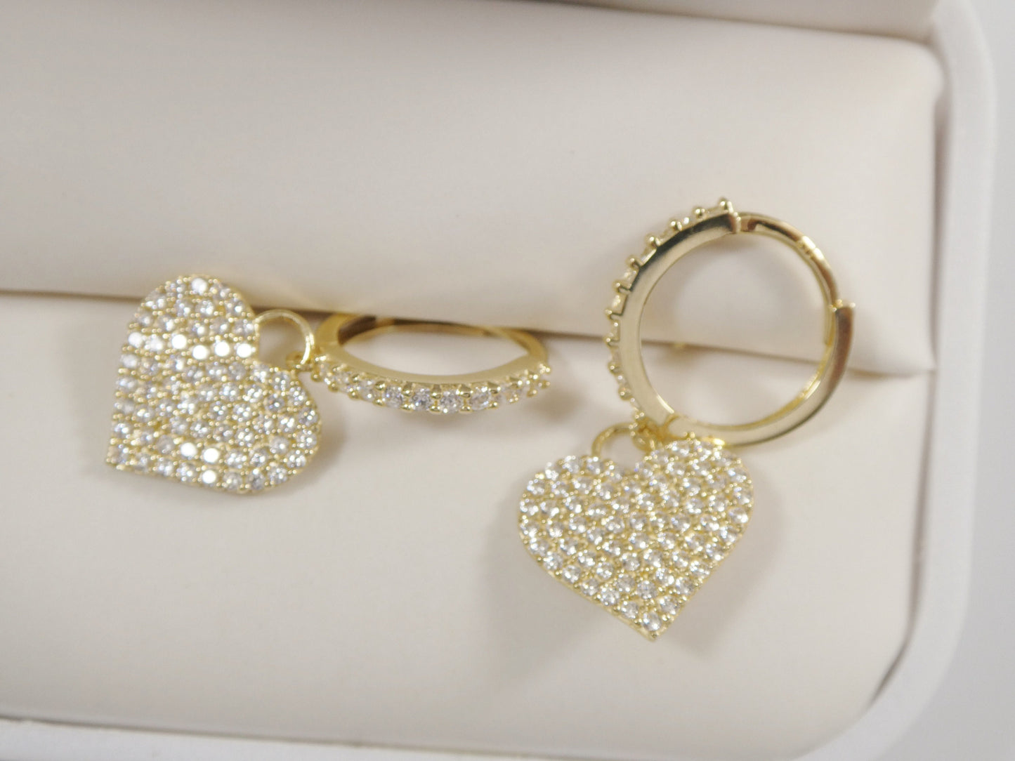 real 10k solid yellow gold dangle heart full micro fave setting hoop huggie earring