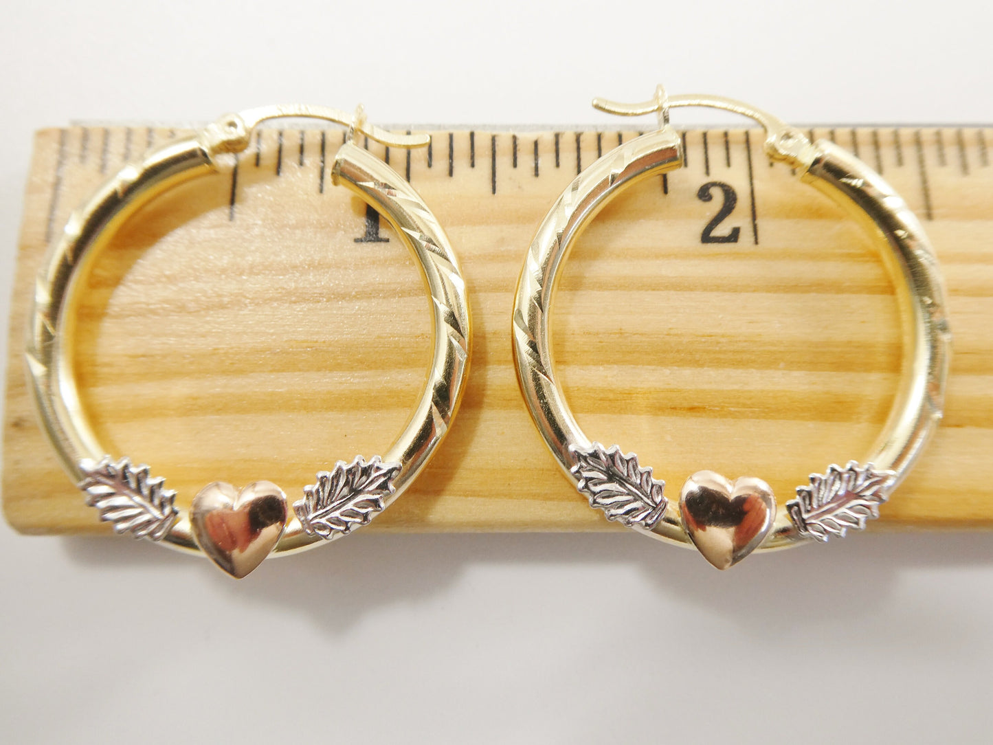 14K real solid yellow gold 3mm /25mm/35MM tri color heart center snap hoop earring