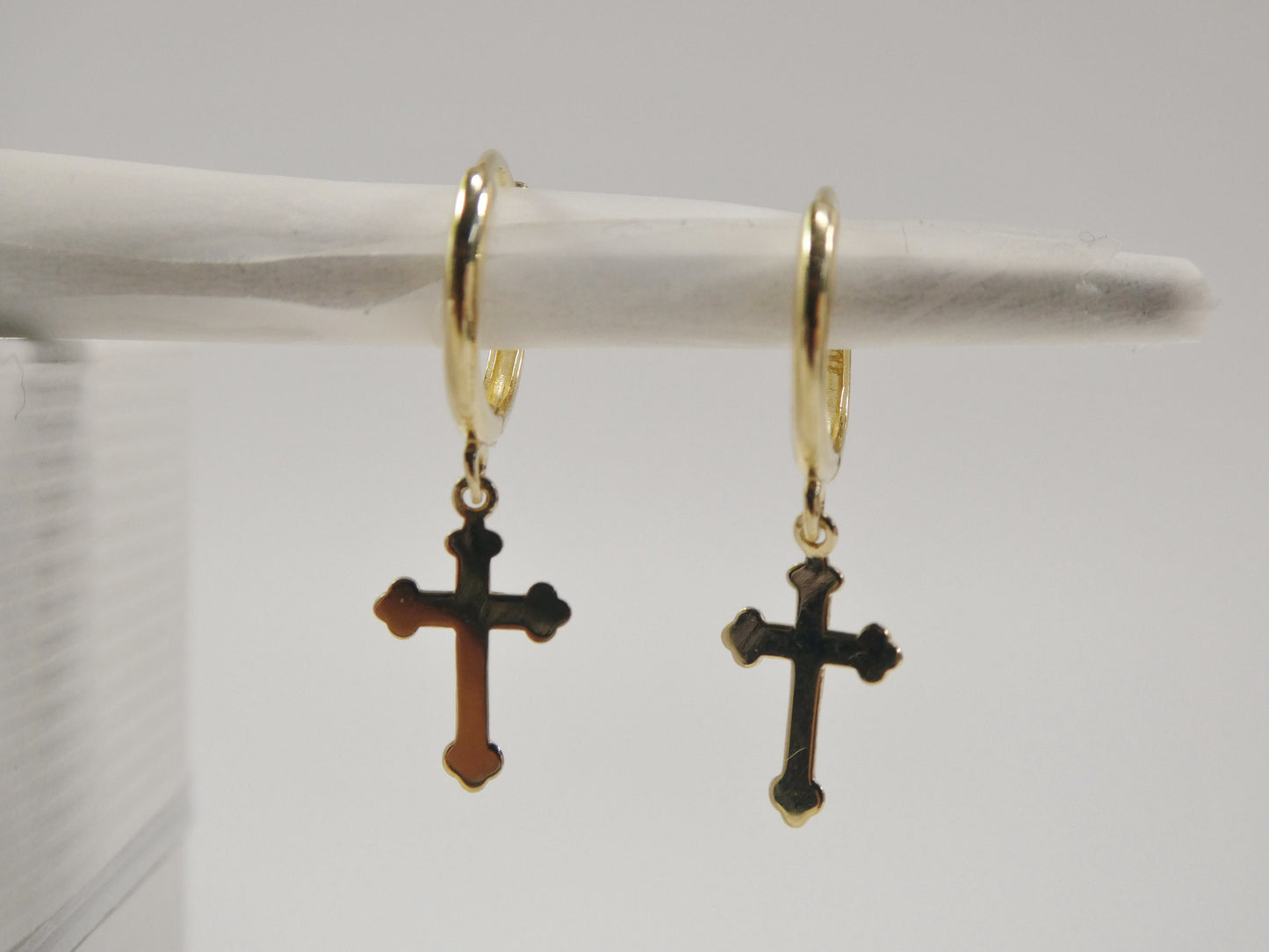 real 10k solid yellow gold hoop huggie dangle plain cross earrings