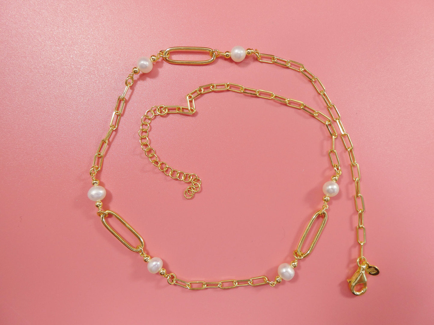 16 inch W/ 2 INCH EXTENTION pearl / paper clip necklace real 925 sterling silver 14k gold color finish