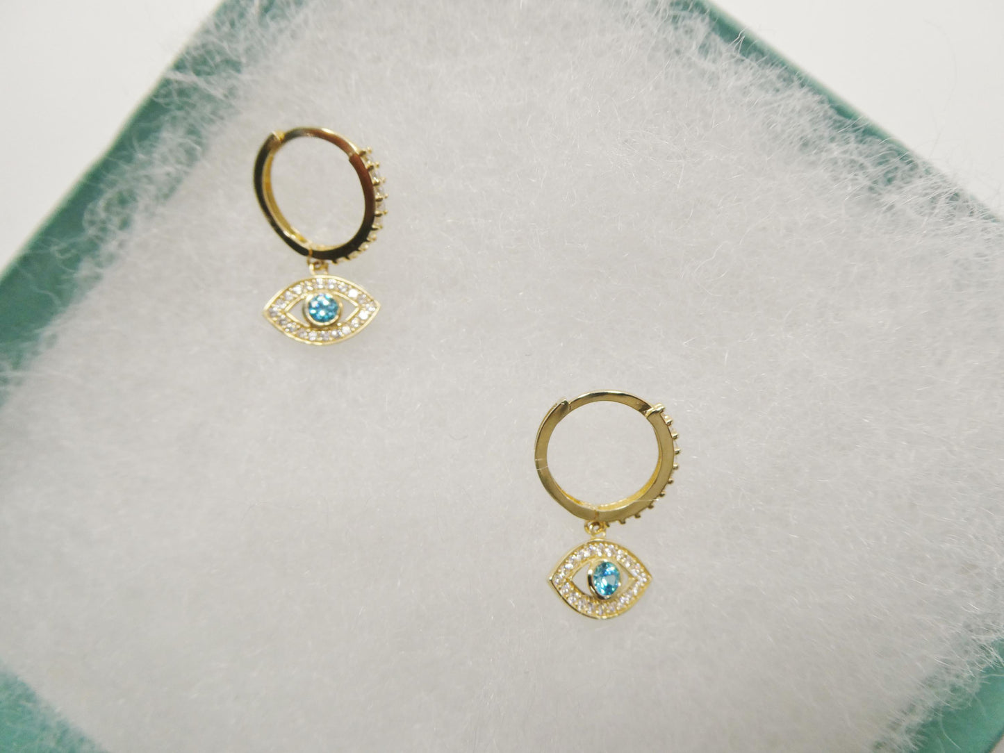 real 10k solid yellow gold evil eye drop hoop huggie earrings