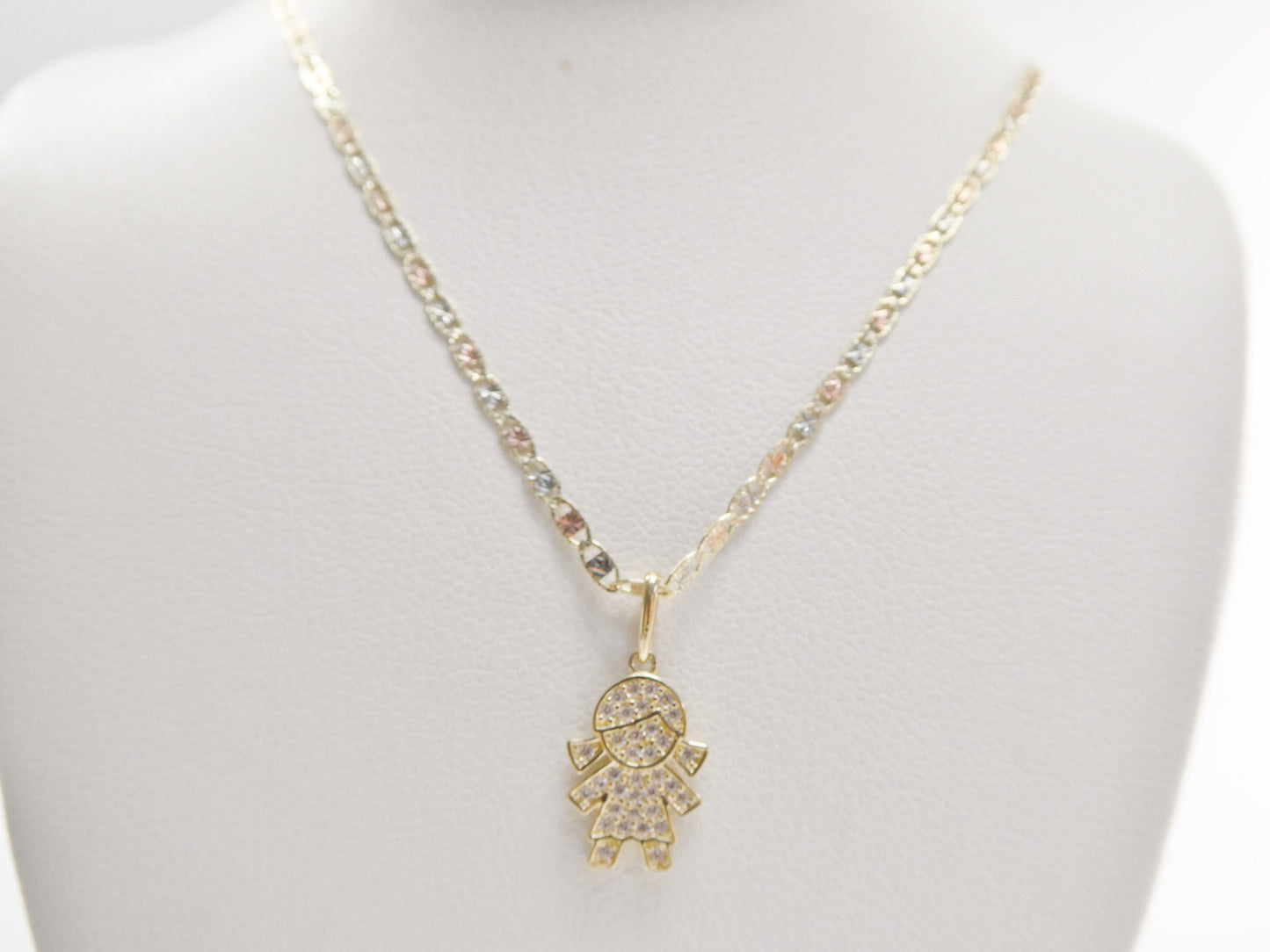 10k real solid yellow gold small girl pendent and 16 inch Valentino necklace