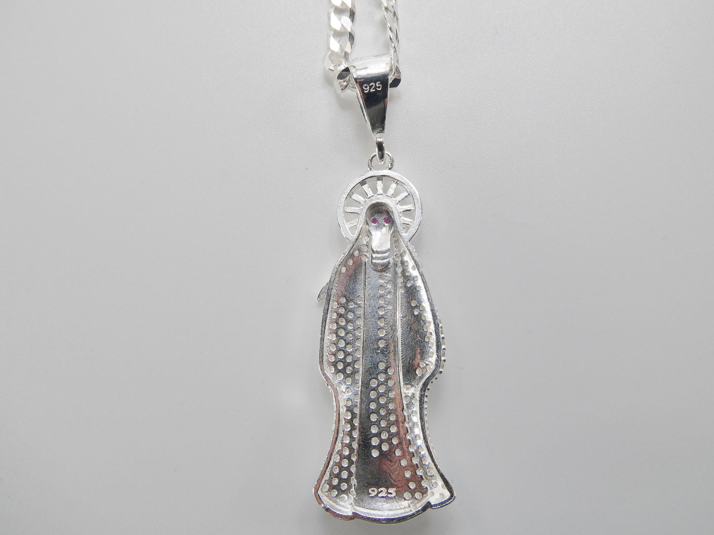 real 925 sterling silver 22 inch flat chain and large santa muerte pendent charm
