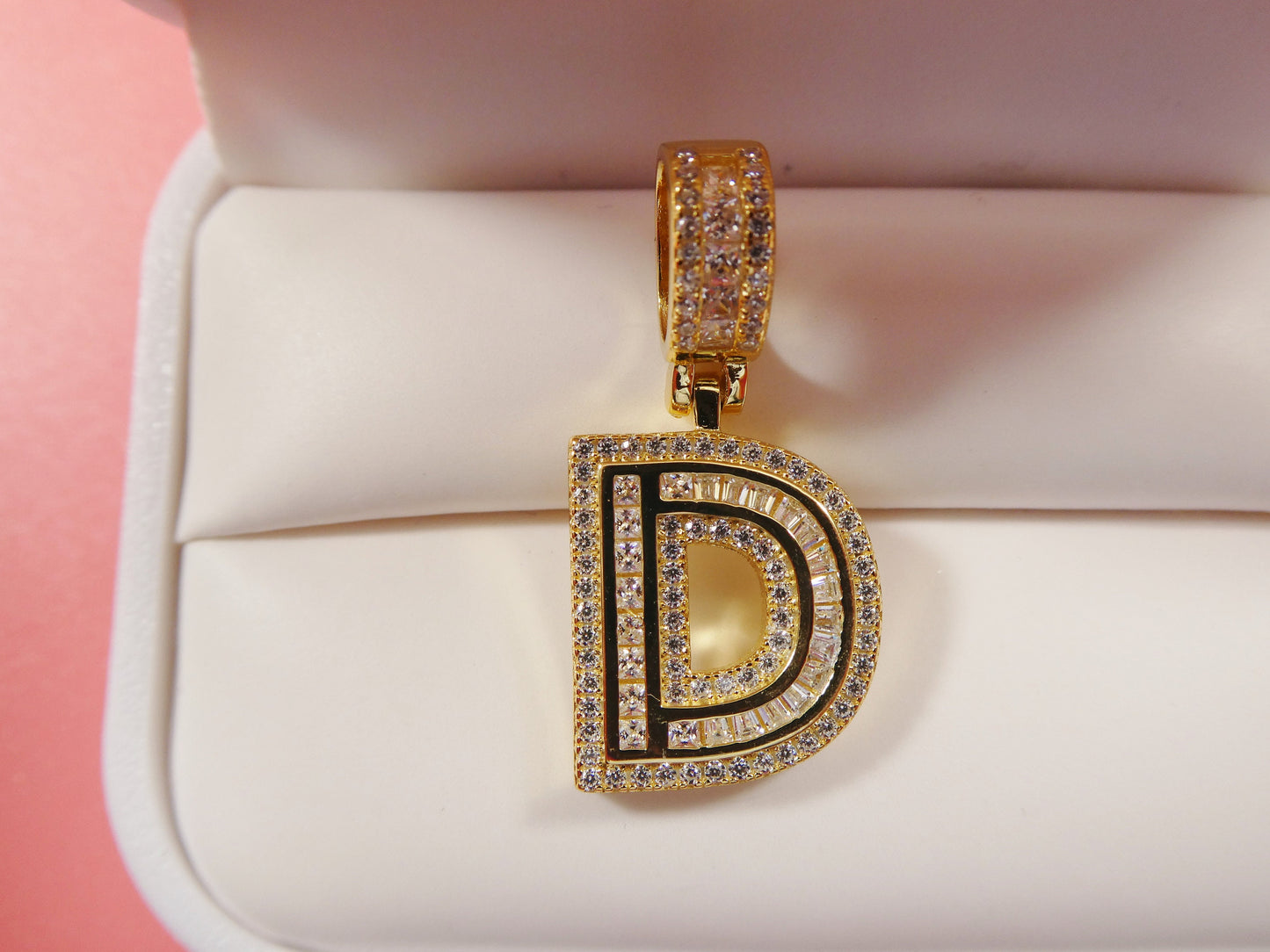 real 925 sterling silver yellow gold color tone baguette initial pendent with 18 inch small Miami chain