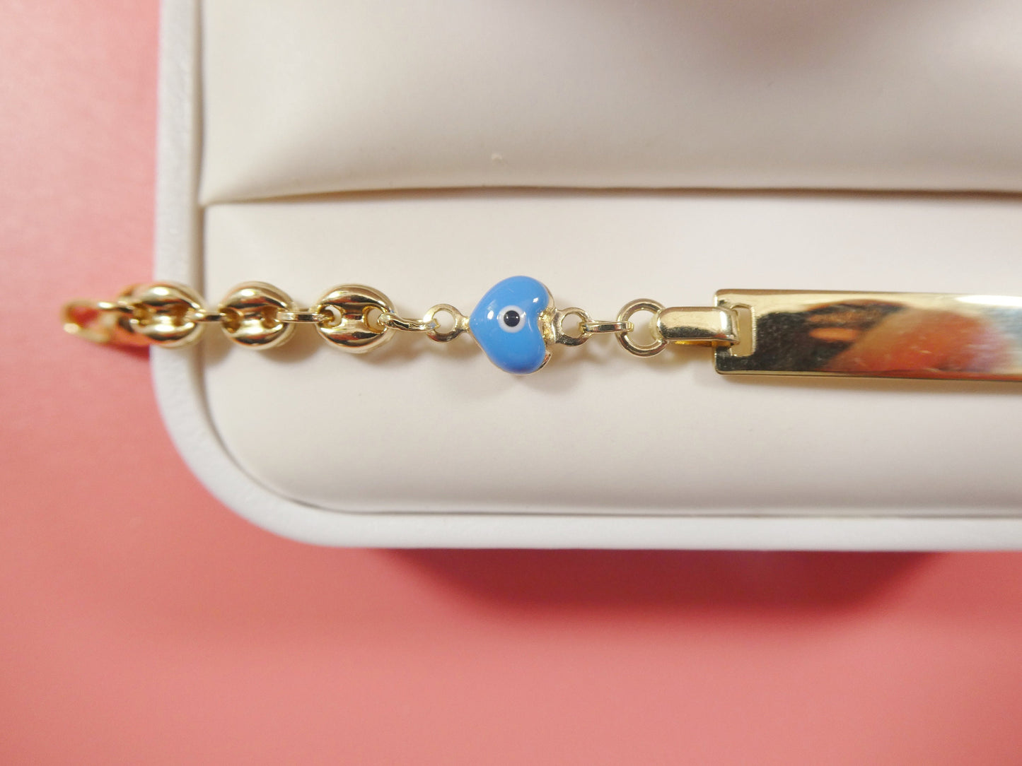 14k real solid yellow gold buff mariner enamel turquoise 6 inch heart baby ID bracelet