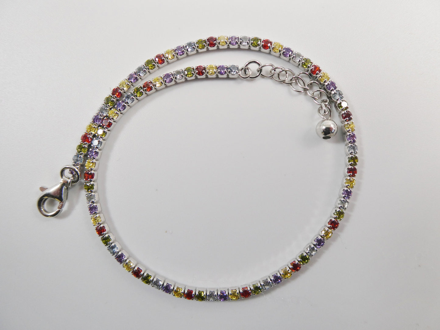 Real 925 sterling silver multi-color rainbow anklet tennis bracelet with extension