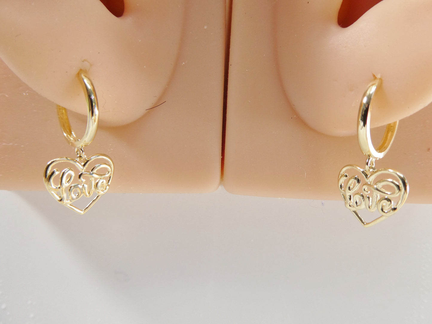 real 10k solid yellow gold script love letter heart drop super polish hoop huggie earrings