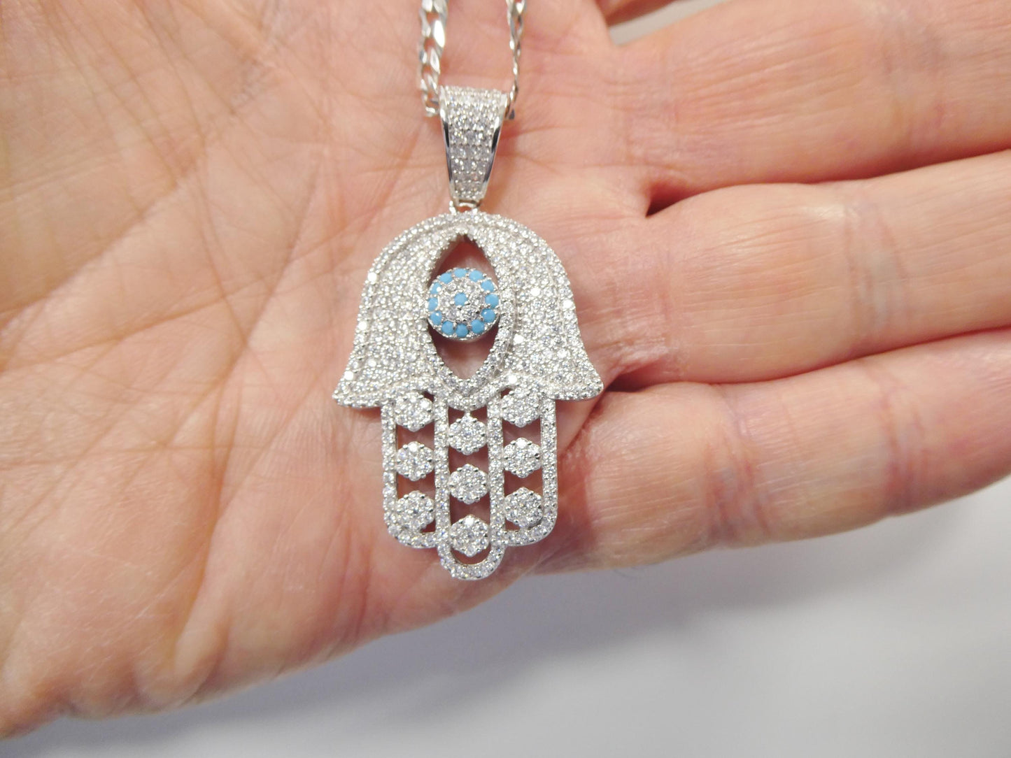 real 925 sterling silver 22 inch chain and hamsa evil eye charm pendent