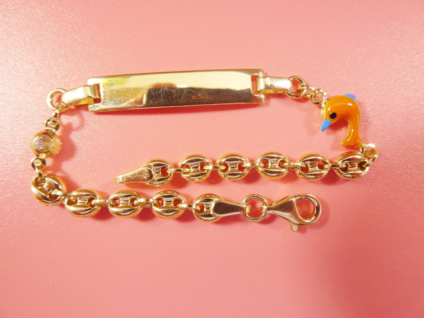 14k real solid yellow gold buff mariner enamel dolphin fish 6 inch heart baby ID bracelet