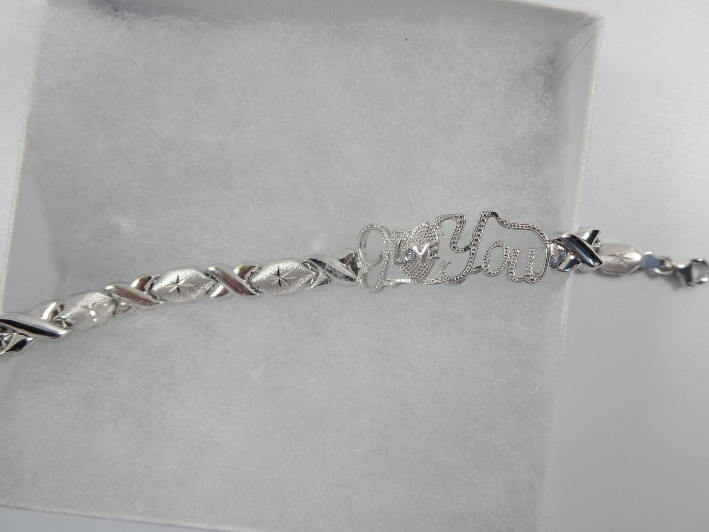 real 925 sterling silver I love you xo xo stampato bracelet 14k white gold finish