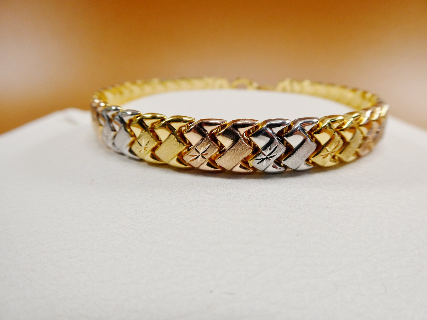 8 inch basket STAMPATO bracelet tri color tone 14k yellow gold color finish over real 925 sterling silver