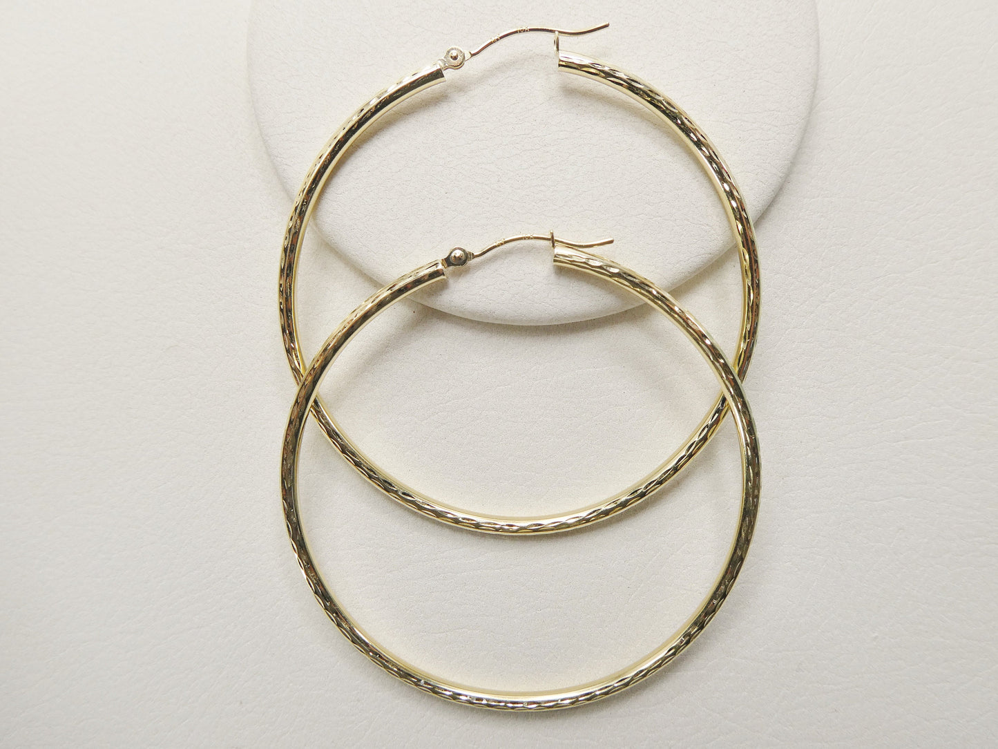 10K real solid yellow gold 50mm round hoop earring snap closure full diamond cut finish