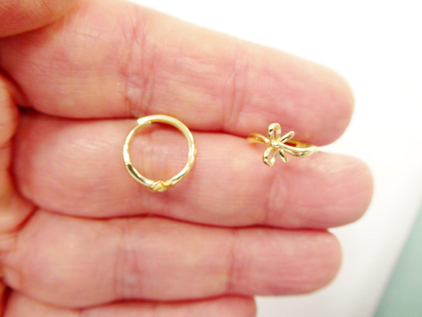 real 10k solid yellow gold designer bow hoop huggie earrings