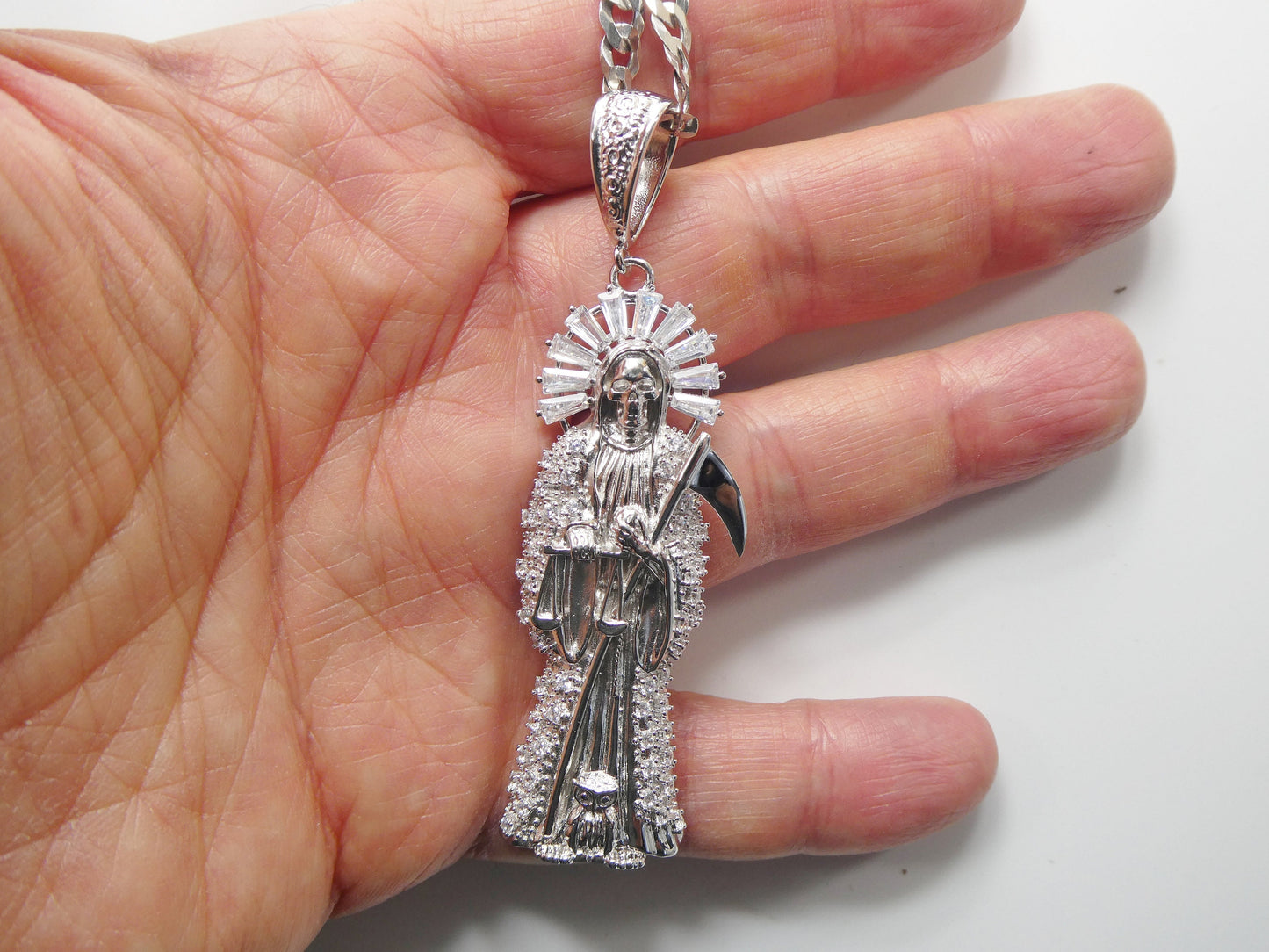 real 925 sterling silver 24 inch flat chain and extra large santa muerte pendent charm