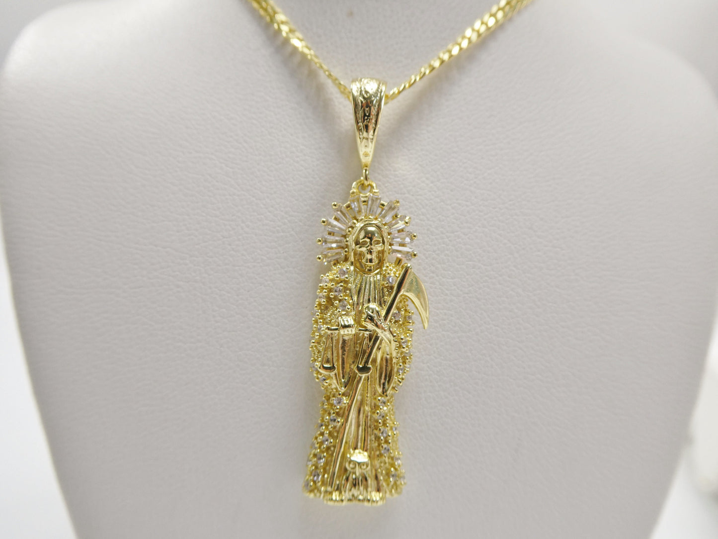 real 925 sterling silver 18 inch flat chain and santa muerte pendent charm14k yellow gold finish