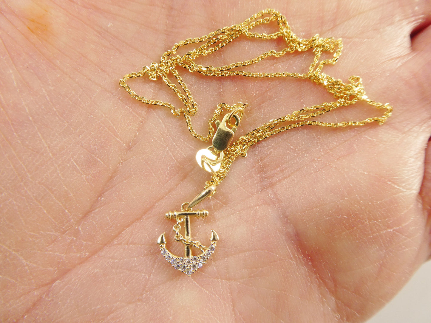 14k real solid yellow gold anchor pendent and cable necklace