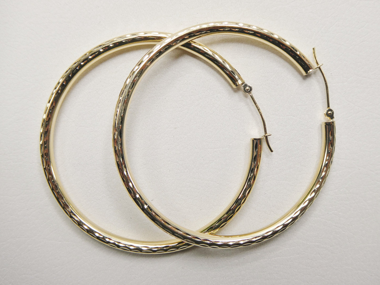 14K real solid yellow gold 50mm round hoop earring snap closure full diamond cut finish