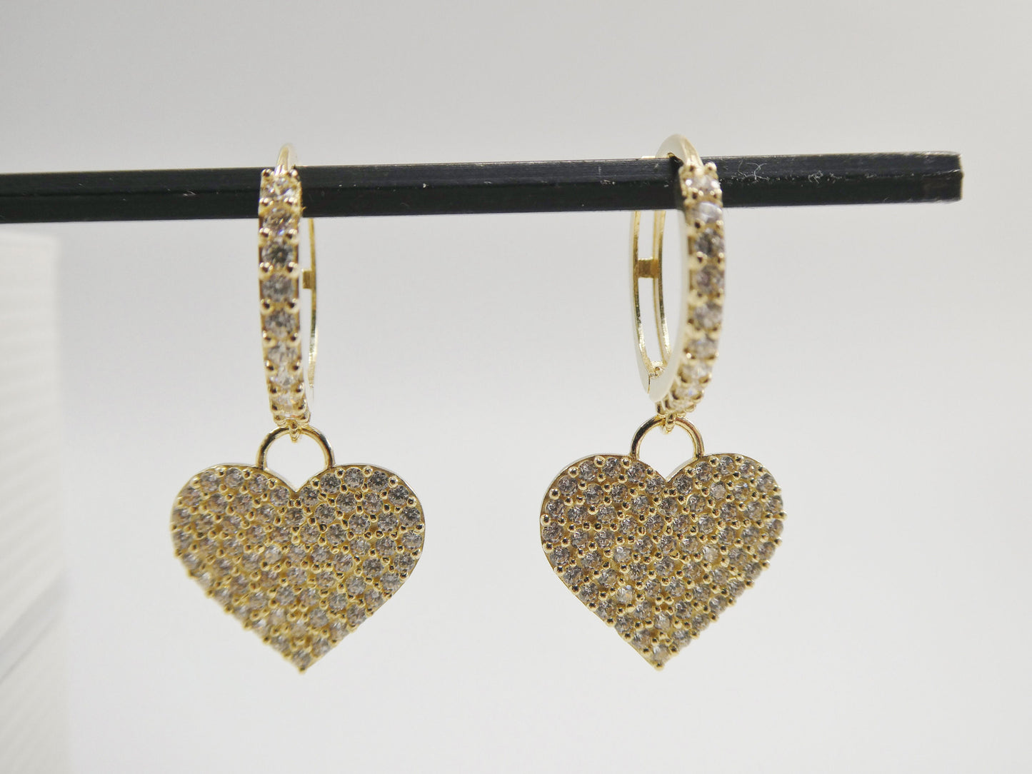 real 10k solid yellow gold dangle heart full micro fave setting hoop huggie earring