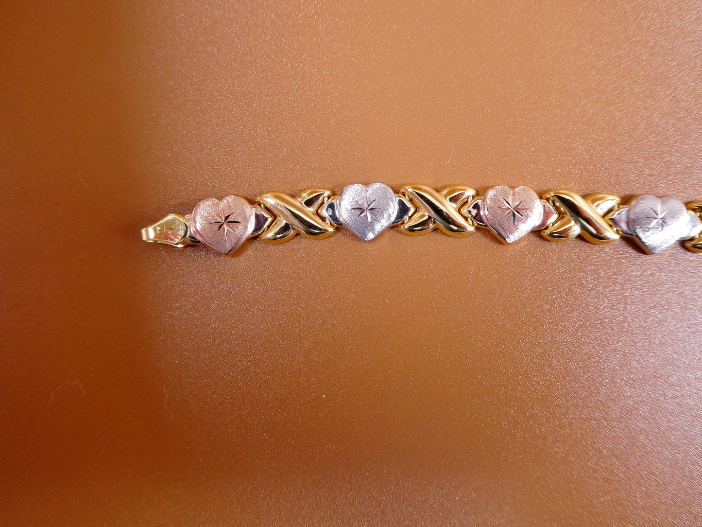 6.5 7/ 8 inch xoxo heart stampato bracelet tri color tone 14k yellow gold color finish over real 925 sterling silver