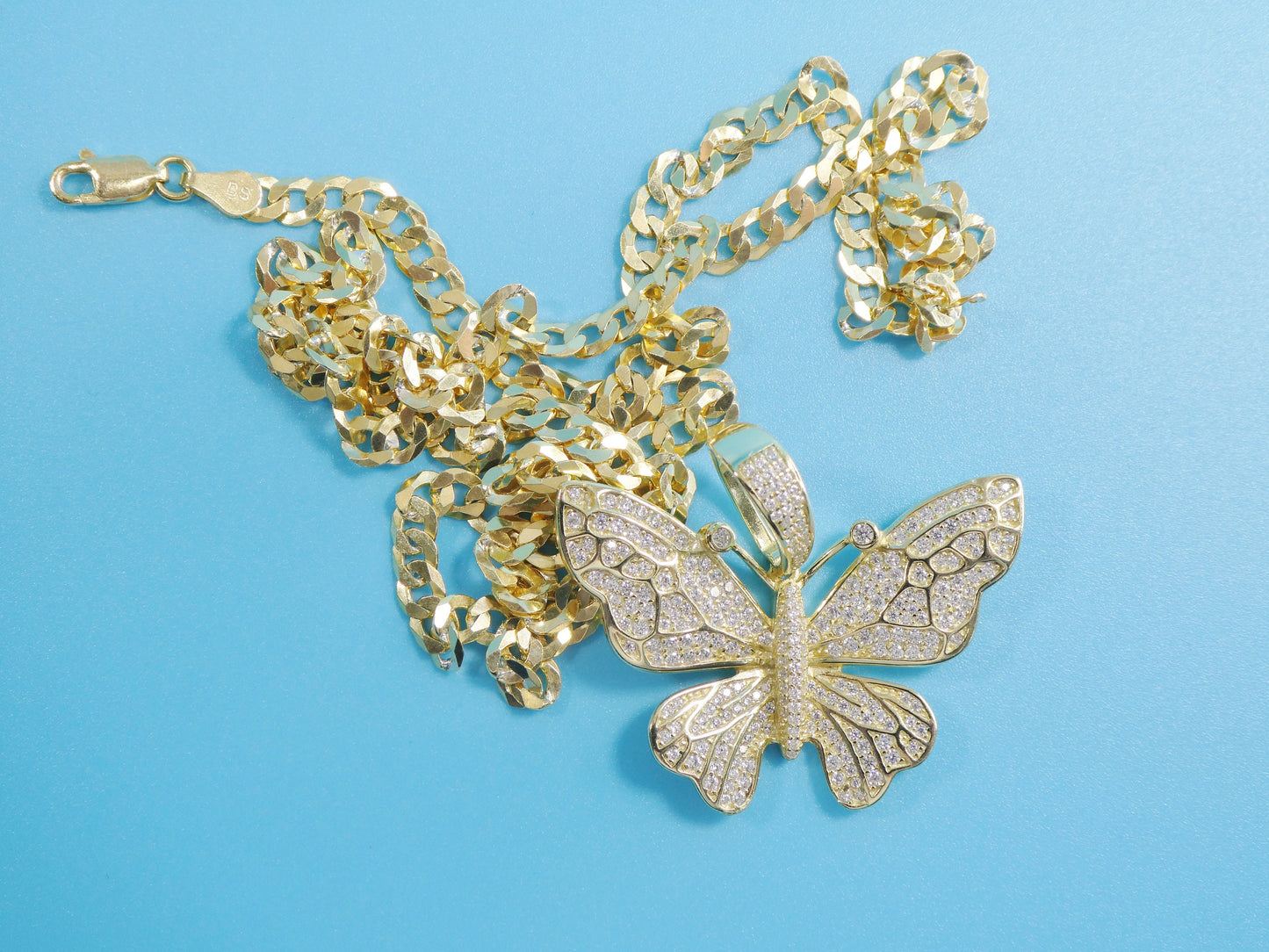 14k yellow gold color tone chain and large butterfly charm pendent over real 925 sterling silver