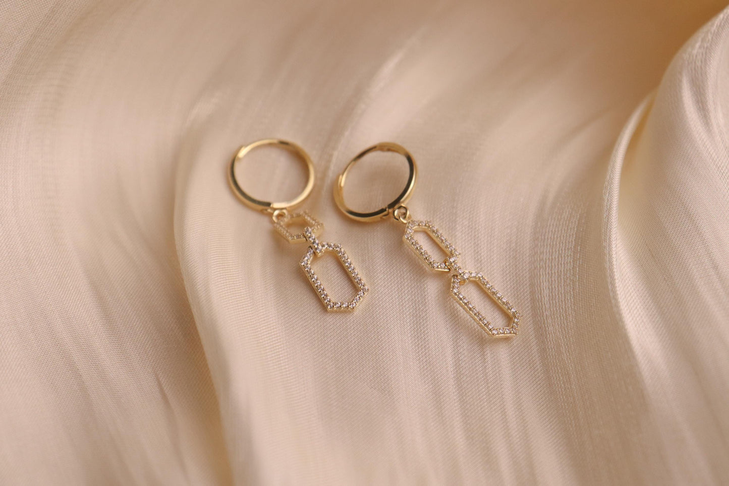 real 10k solid yellow gold paperclip dangling hoop huggie earring