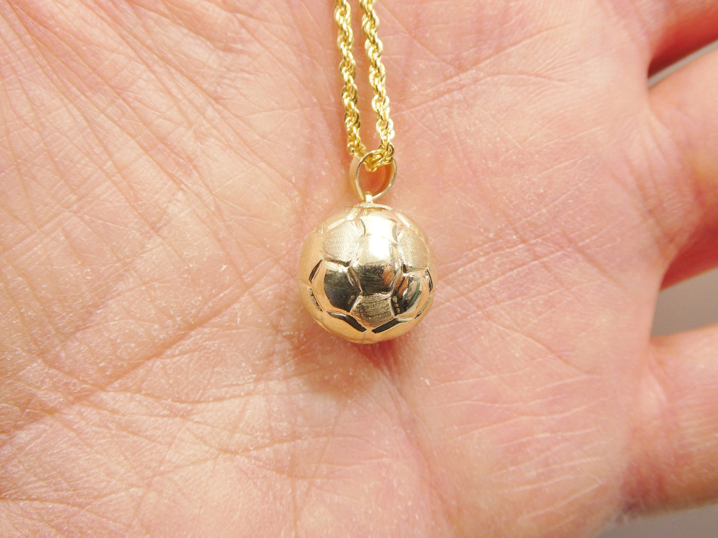 14k real solid yellow gold mini soccer ball pendent and robe necklace