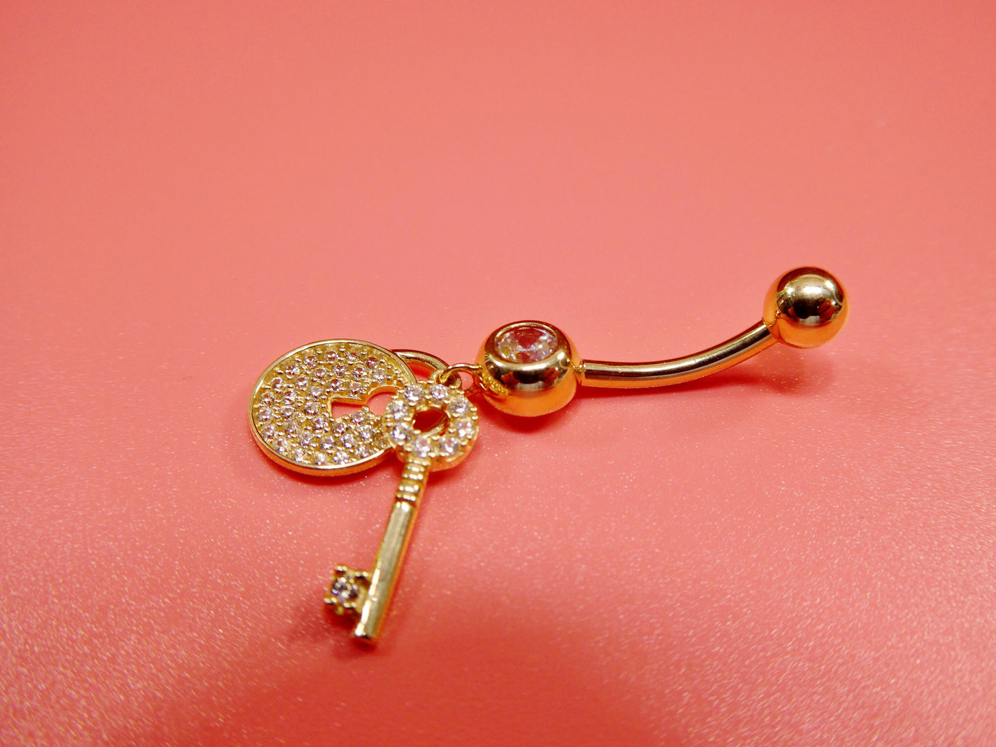 14k real solid yellow gold dangling lock and key belly button ring piercing