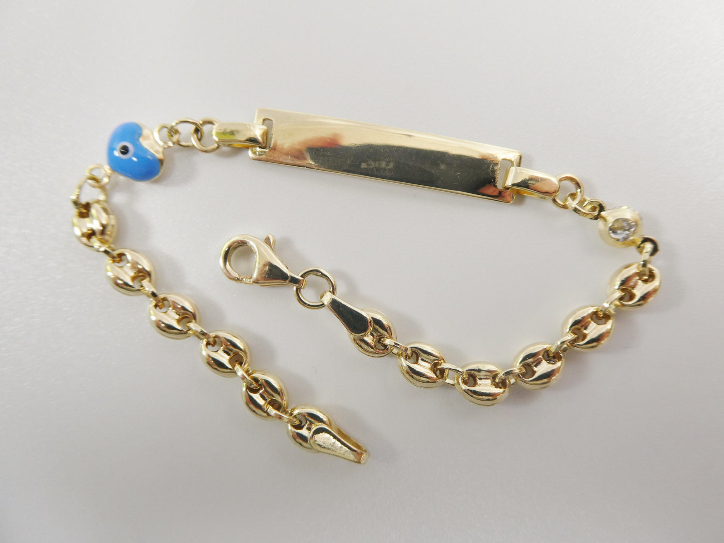14k real solid yellow gold buff mariner enamel turquoise 6 inch heart baby ID bracelet