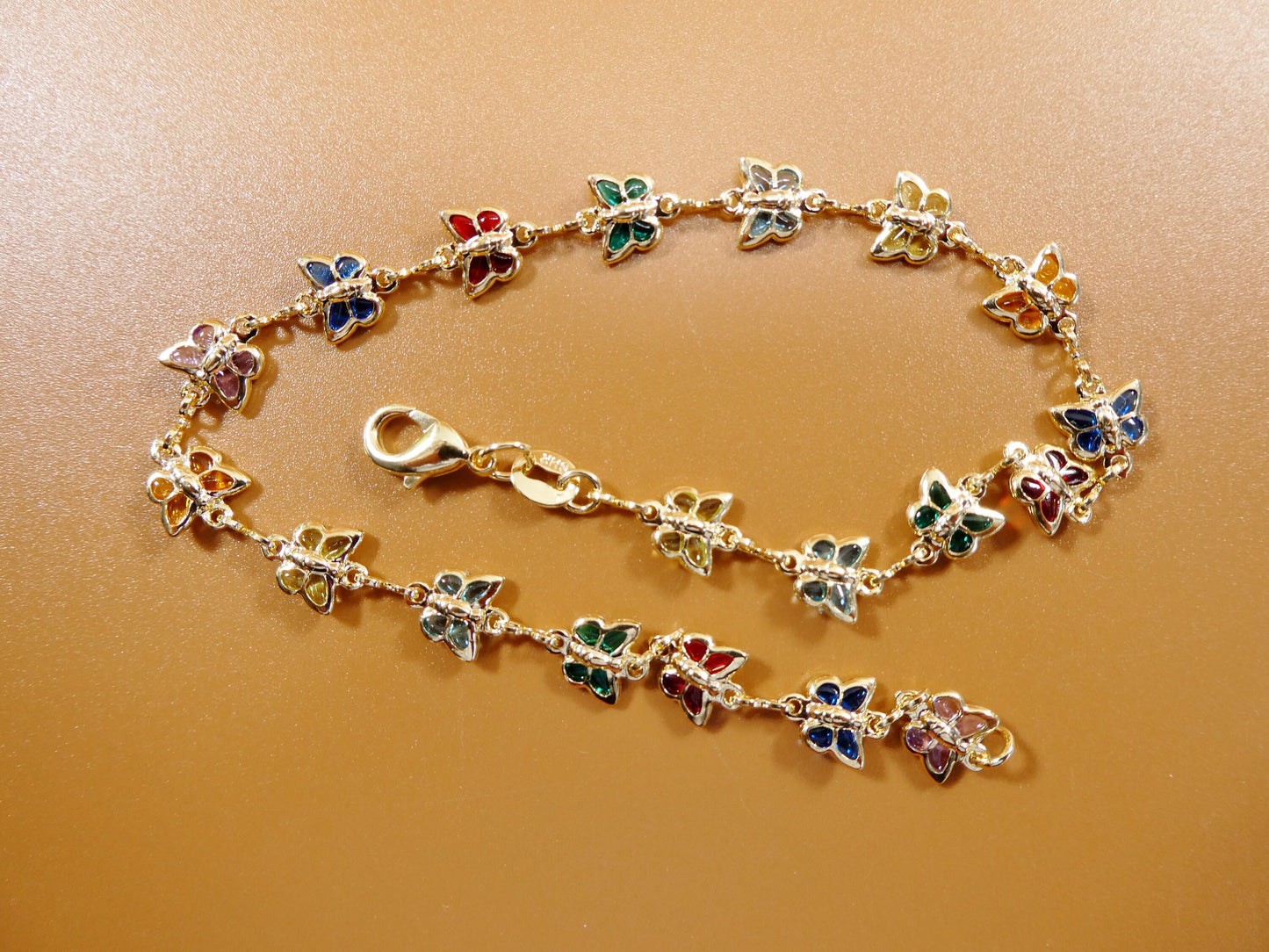 10 inch multi full color stone butterfly 18k gold filled ladies anklet bracelet