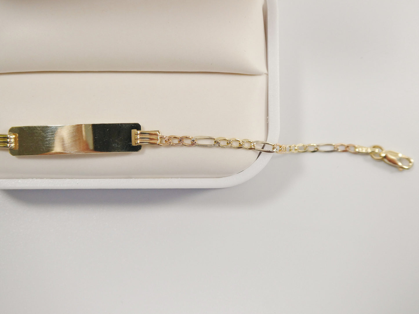 14K real solid yellow gold 6 inch Figaro style tri color baby ID bracelet