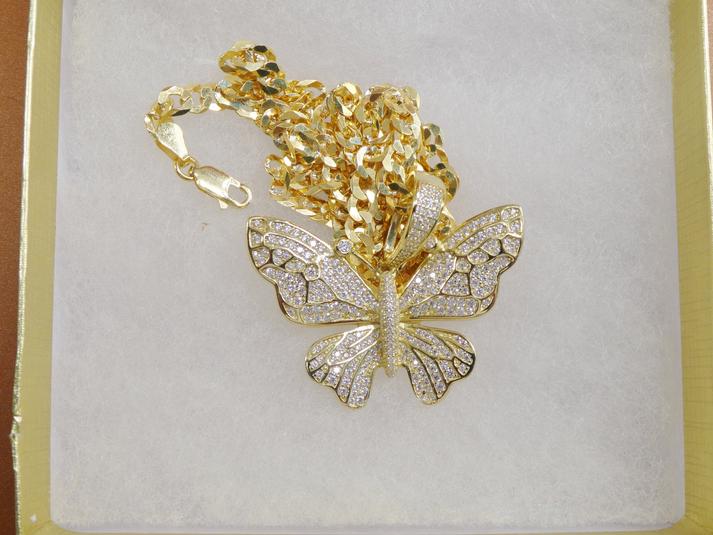 14k yellow gold color tone chain and large butterfly charm pendent over real 925 sterling silver