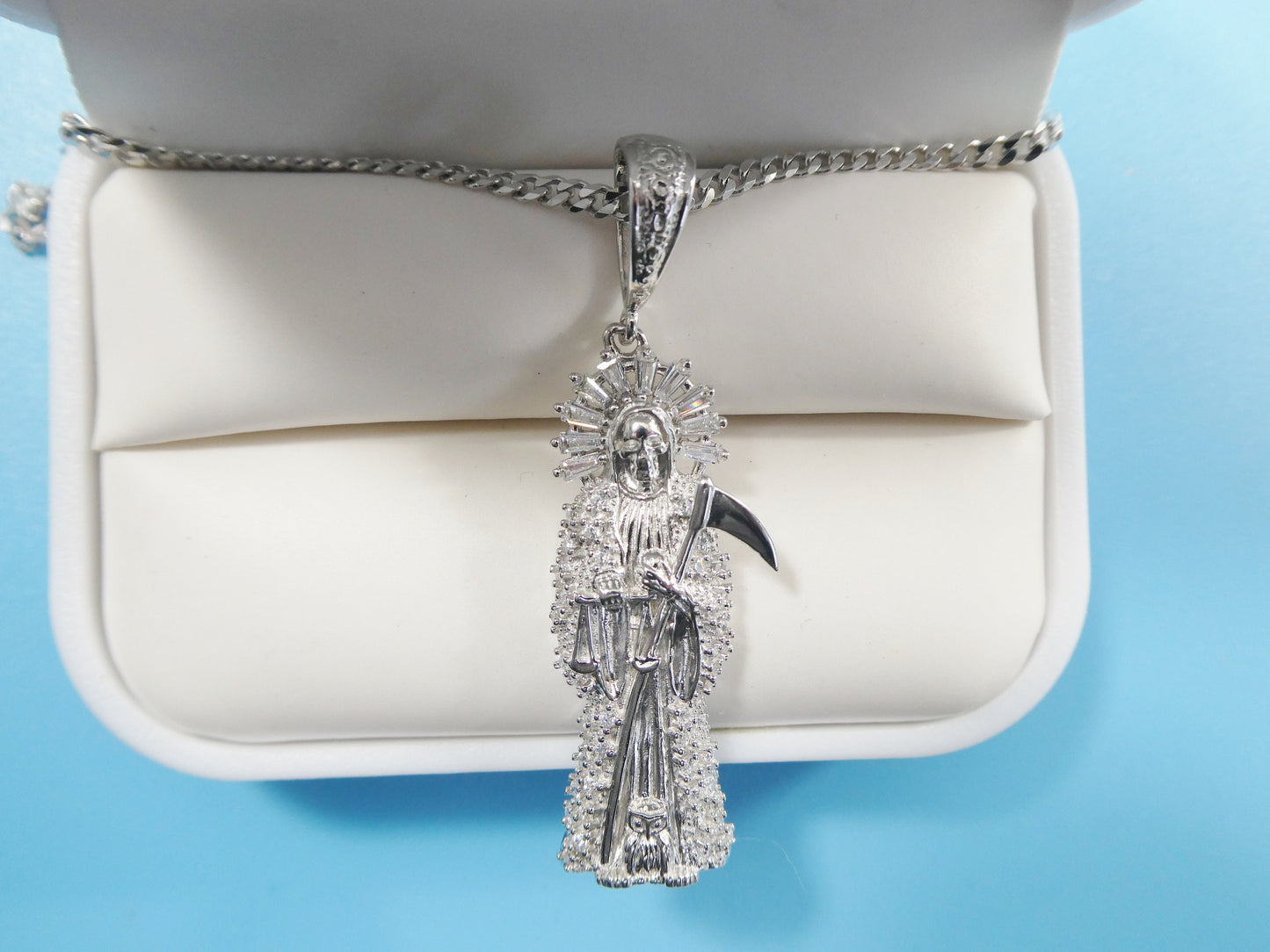 real 925 sterling silver 18 inch curb chain and santa muerte pendent charm