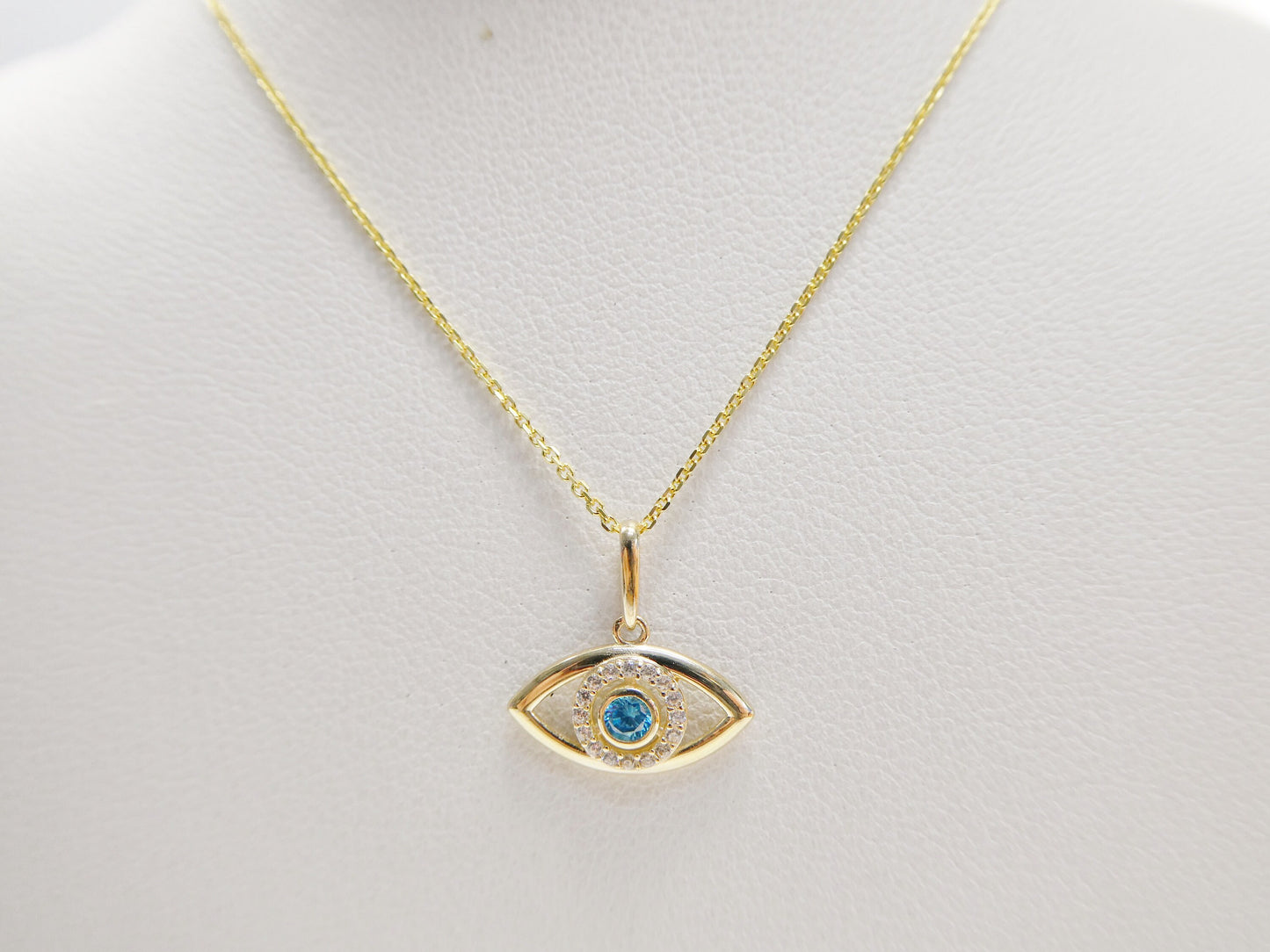 14k real solid yellow gold evil eye pendent and cable necklace