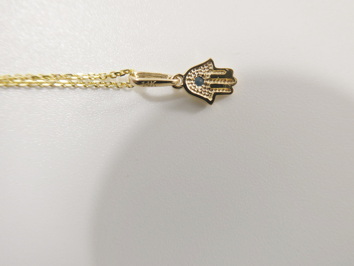 14k real solid yellow gold tiny hand hamsa pendent and cable necklace
