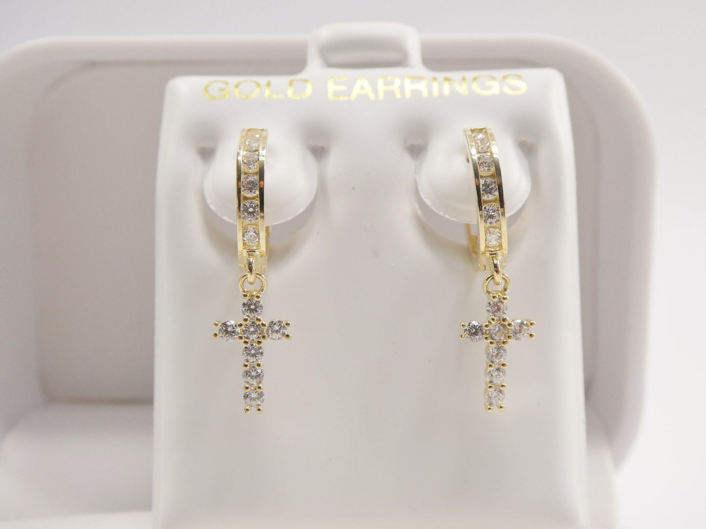 10k real solid yellow gold full prong setting cross dangle on huggie hoop fancy earring