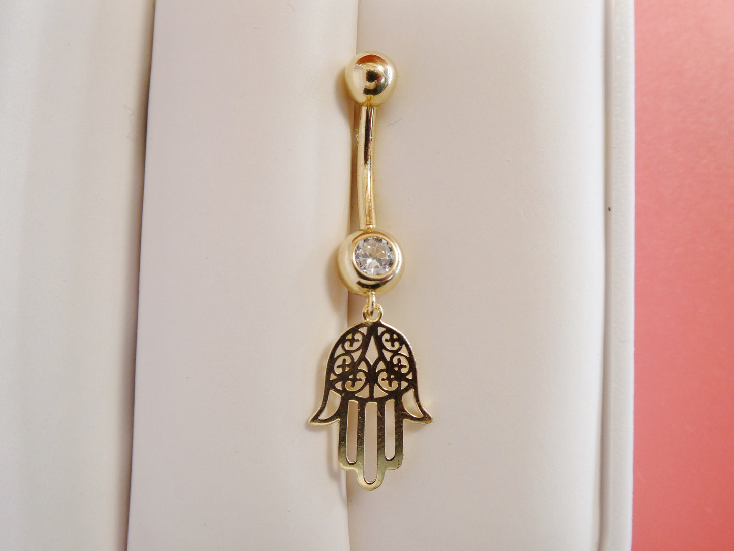14k real solid yellow gold dangling hamsa hand belly button ring piercing