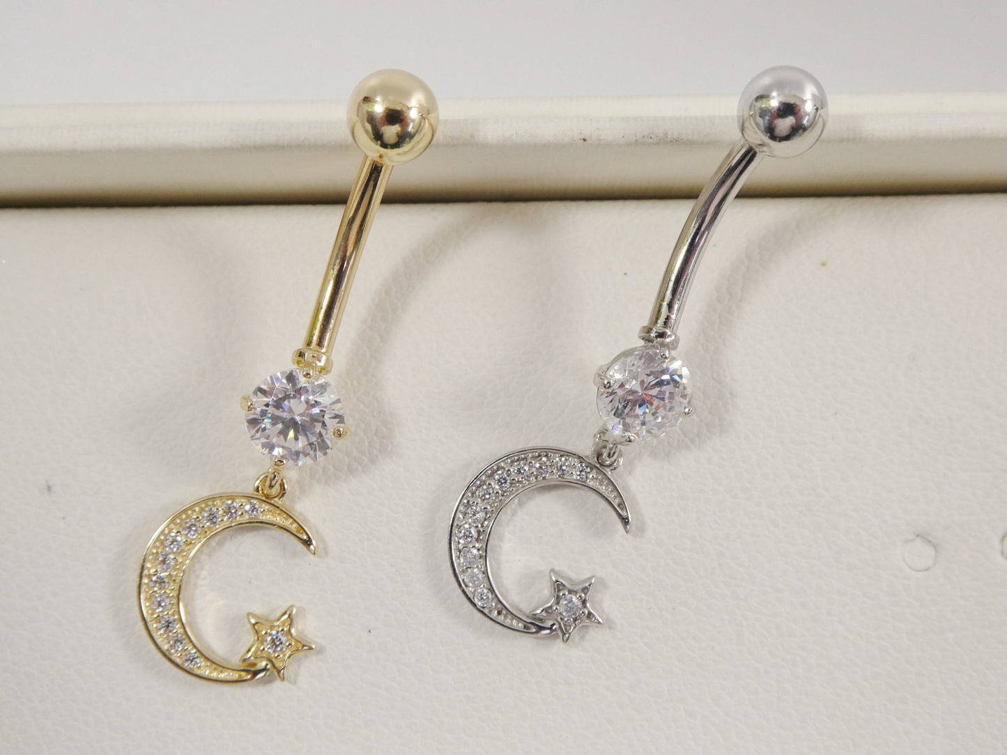 14k real solid yellow gold dangling moon and star belly button ring piercing