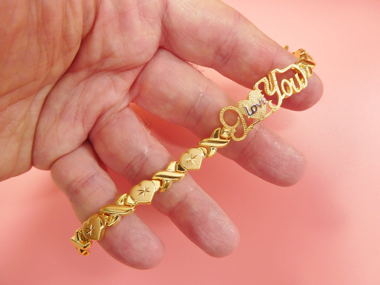 real 925 sterling silver I love you xo heart stampato bracelet 14k yellow gold tone finish