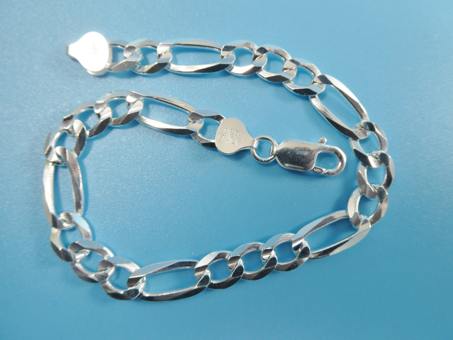 real 925 sterling silver 7.5mm Italian concave figaro solid chain lobster lock clasp