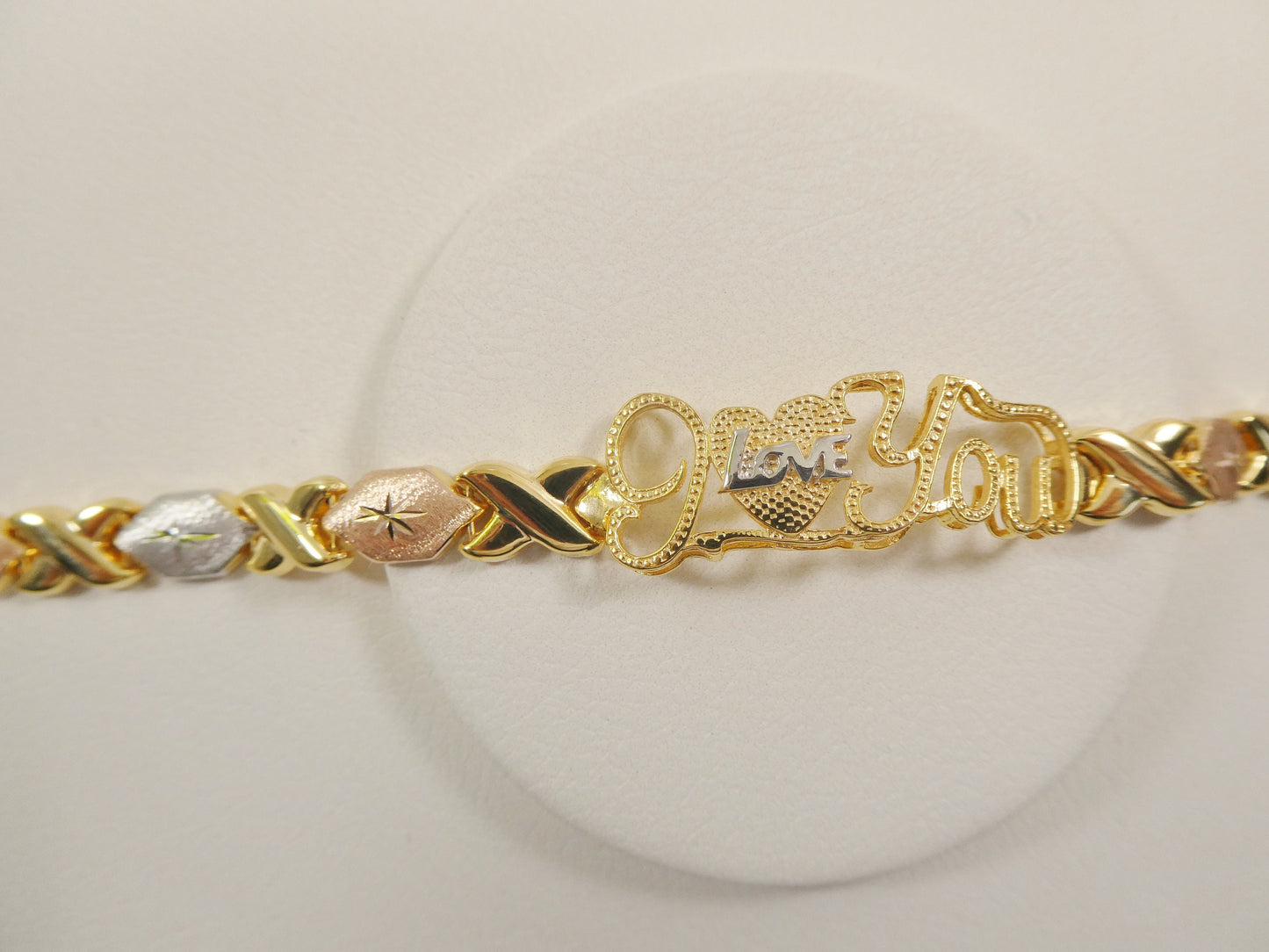 real 925 sterling silver I love you xo xo stampato bracelet 14k yellow gold tri color tone finish
