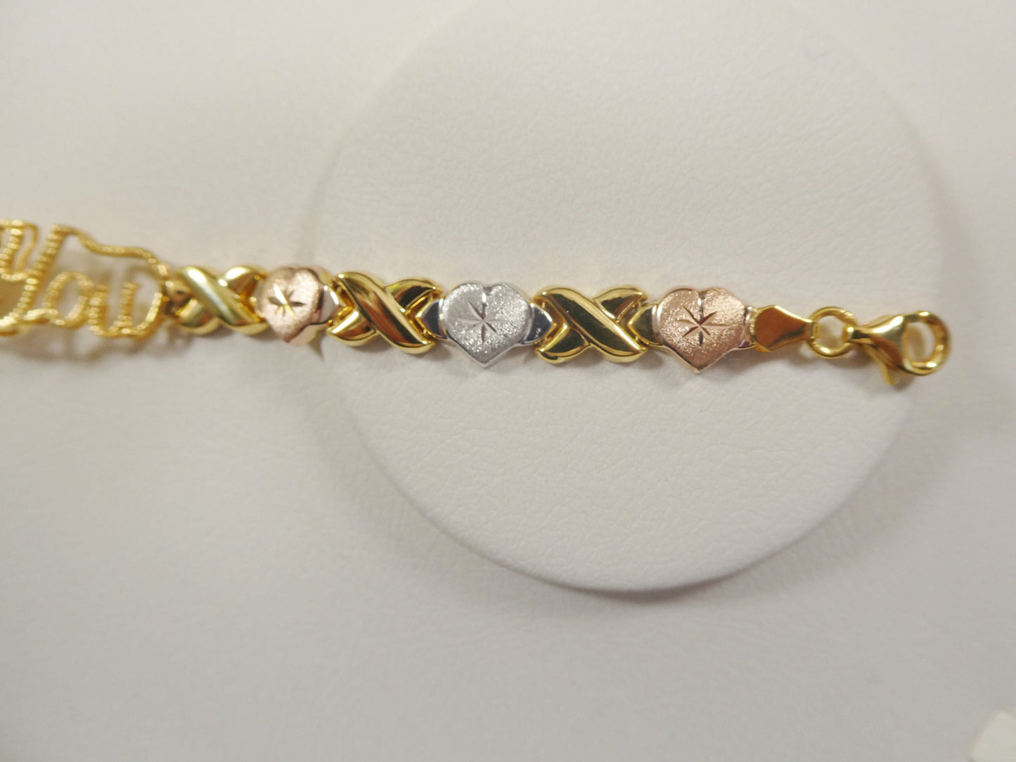 real 925 sterling silver I love you x and heart stampato bracelet 14k yellow gold tri color tone finish
