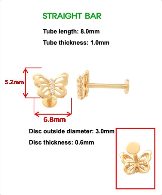 14k real solid yellow gold cartilage butterfly body ring piercing