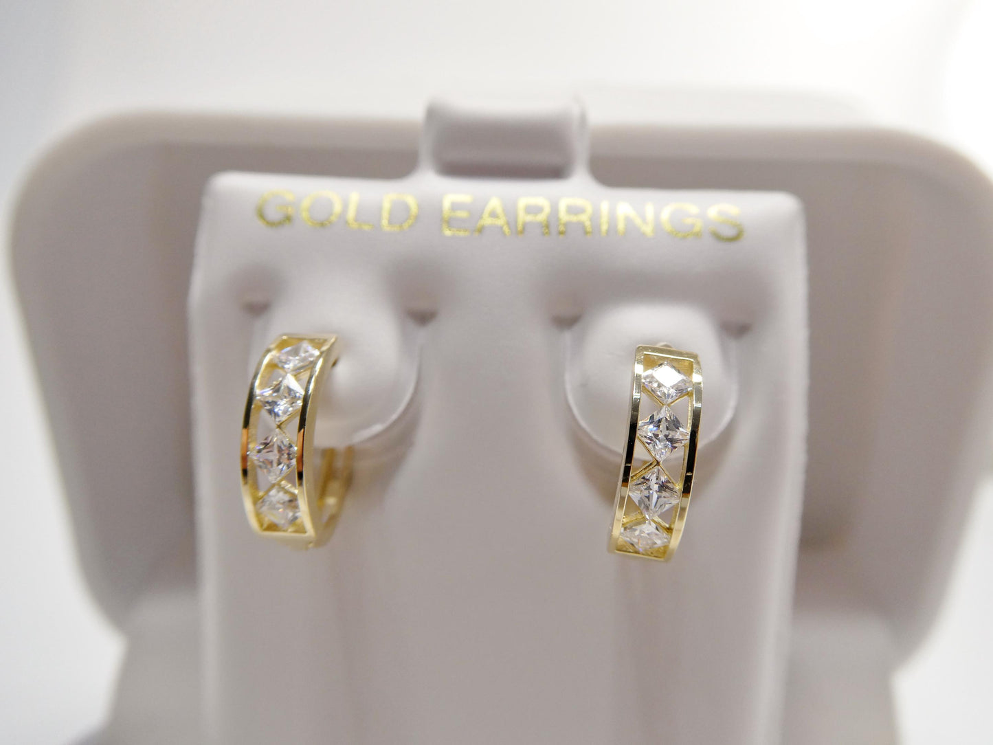 real 10k solid yellow gold designer square stone hoop huggie earrings