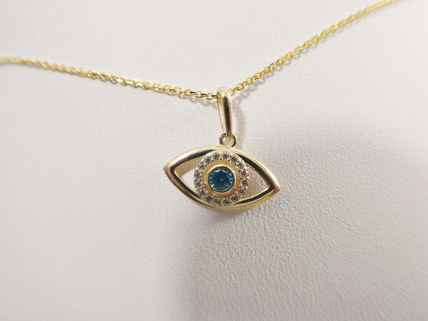14k real solid yellow gold evil eye pendent and cable necklace