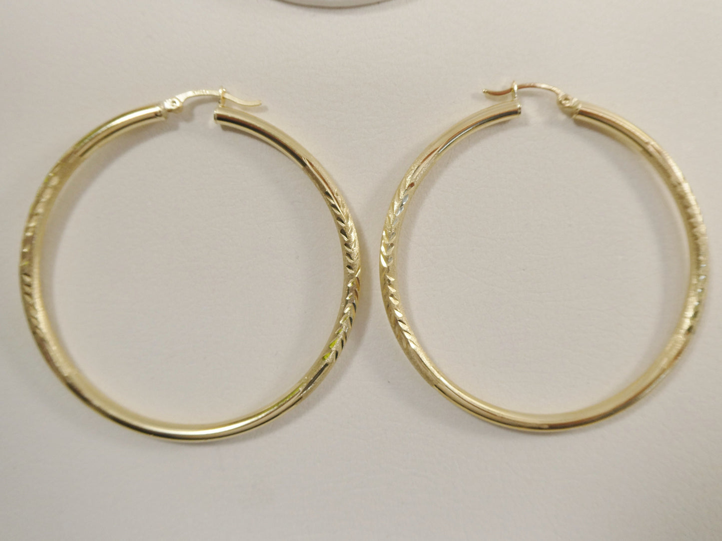14K real solid yellow gold 55mm round hoop earring snap closure diamond cut finish